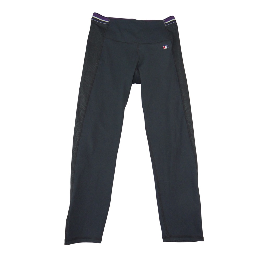 Champion‎ Womens Black Snakeskin Mesh Panel Leggings Purple Stripe Waist Medium
